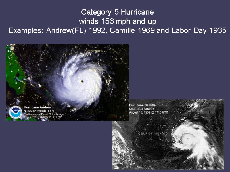 Category 5 Hurricane  winds 156 mph and up Examples: Andrew(FL) 1992, Camille 1969